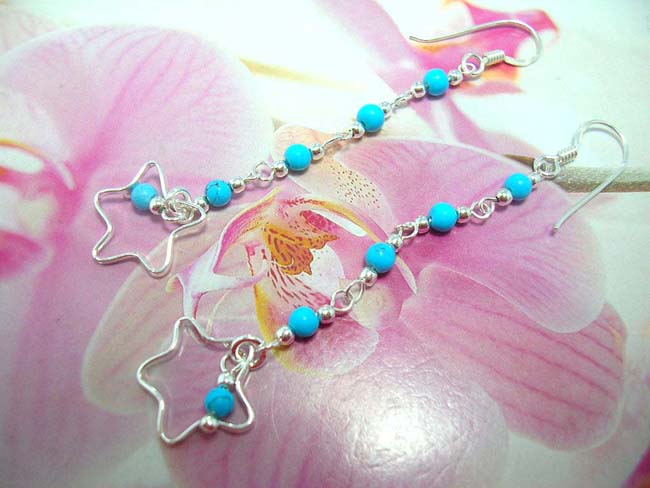 Ladies accessories online, buy best Turquoise beads on 925. sterling silver chain earrings with star theme 