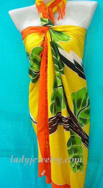 Indonesia exotic accessory express dealer. Forest lovers print designed batik sarong scarf in yellow, orange and green  