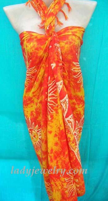 Bali bali apparel jewelry collection. Orange and red tie dye fashion sarong with white summer sun pattern 