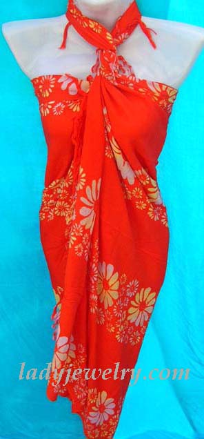 Stylish red balinese fashion wrap skirt with daisy flower pattern. Womens jewelry accessory summer shopping 